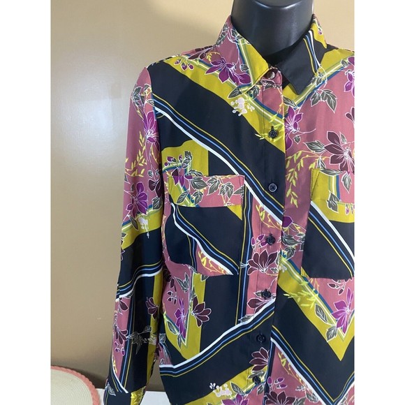 Multicolor Floral/striped Button Up Top With Pockets/button Sleeves Size XS - Picture 3 of 16
